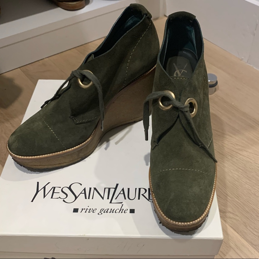 Yves Saint Laurent olive green suede bootie